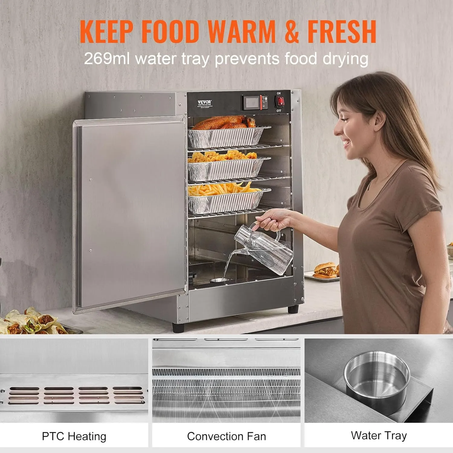 VEVOR Hot Box Food Warmer, 5-Tier Concession Warmer with Water Tray, 5 Pans, Single-Door and Adjustable Shelves, Stainless Steel Food Warmer Cabinet, Ideal for Storing Pizza, Chicken, Restaurant