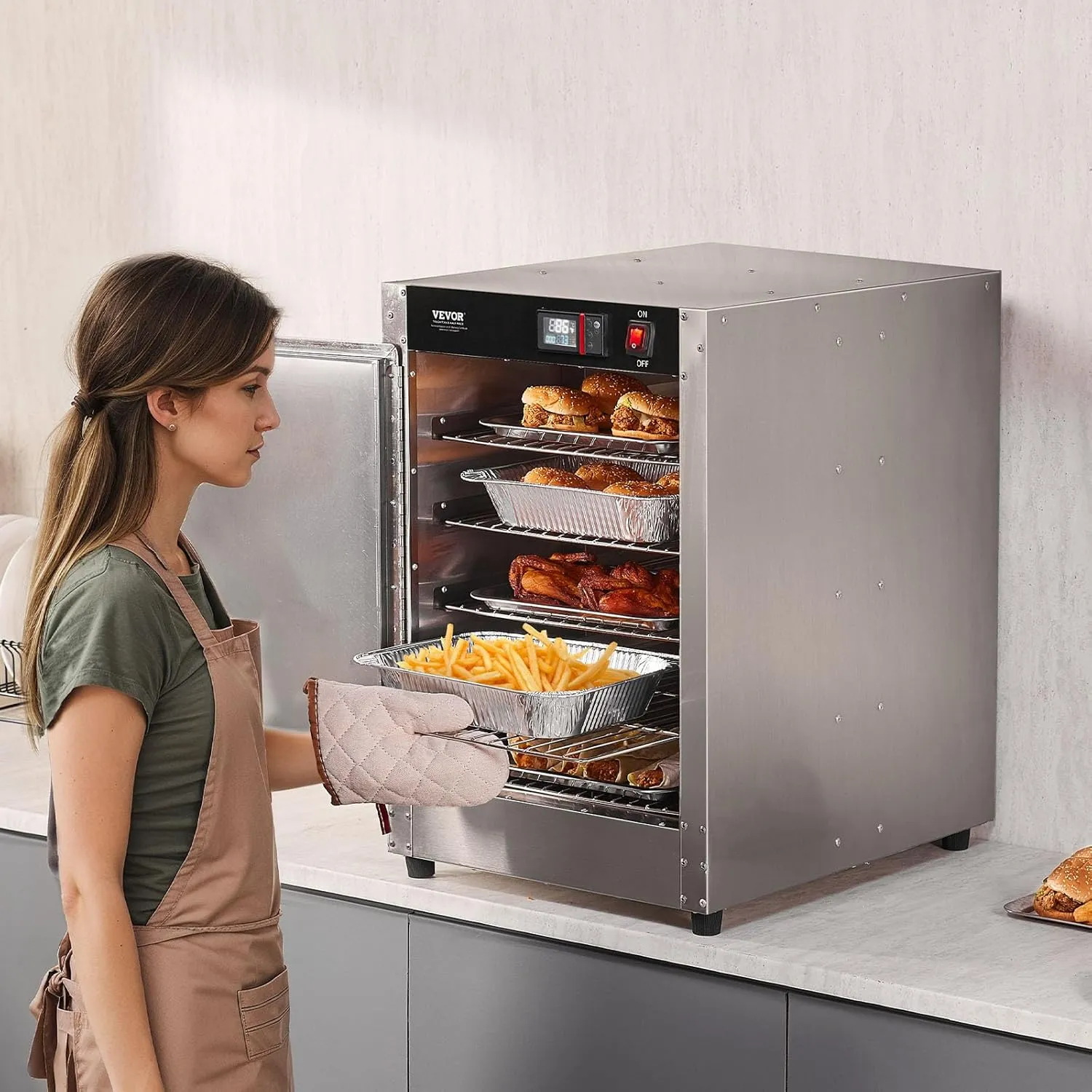 VEVOR Hot Box Food Warmer, 5-Tier Concession Warmer with Water Tray, 5 Pans, Single-Door and Adjustable Shelves, Stainless Steel Food Warmer Cabinet, Ideal for Storing Pizza, Chicken, Restaurant
