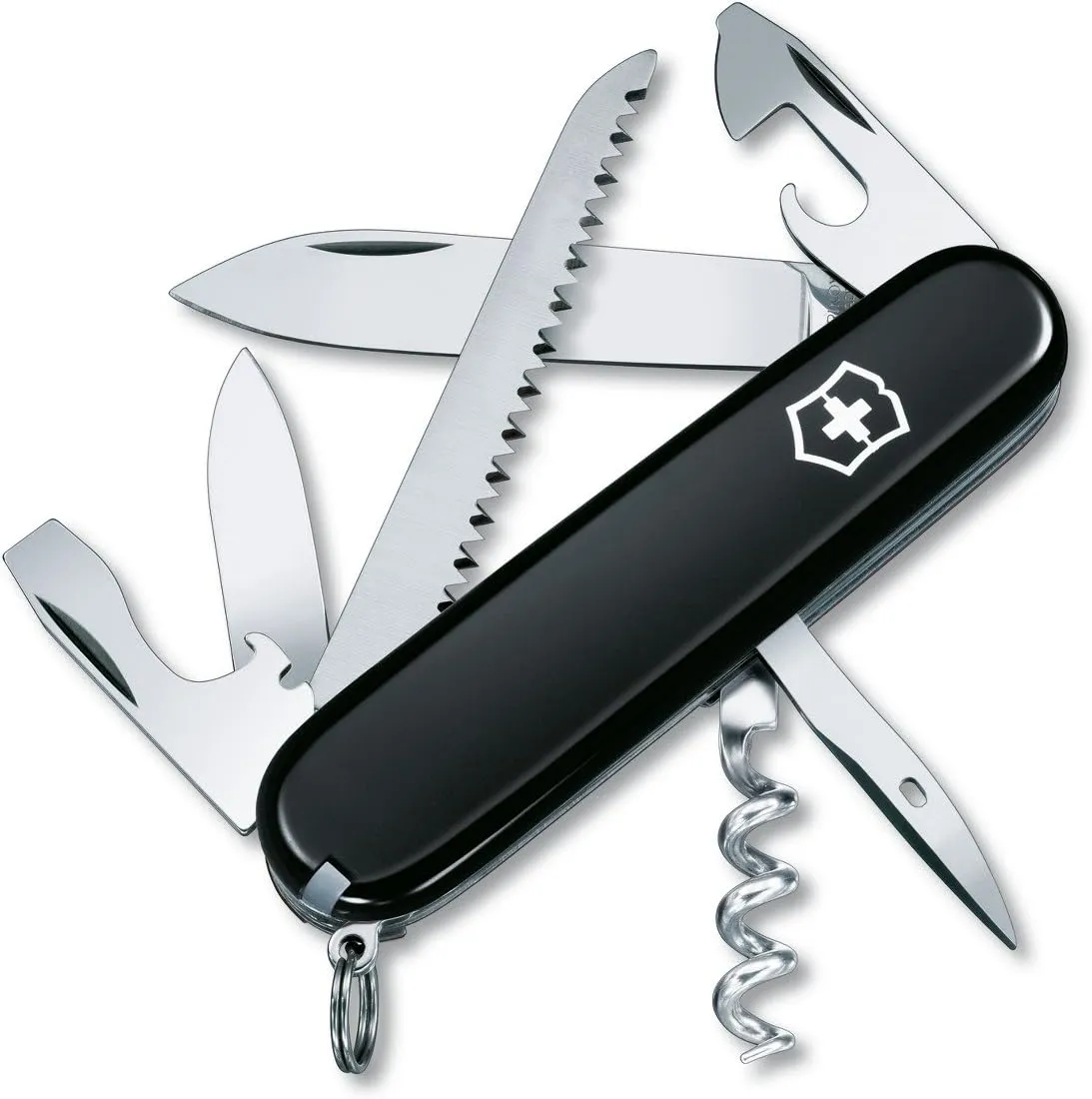 Victorinox Camper Swiss Army Knife, 13 Functions, Swiss Made Pocket Knife with Large Blade, Screwdriver, Tweezers and Key Ring - Black
