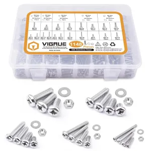 VIGRUE 1148PCS M2 M3 M4 M5 M6 Phillips Pan Head Screws Bolt Nut Flat Washers 304 Stainless Steel Machine Screws Assortment Kit and Storage Case