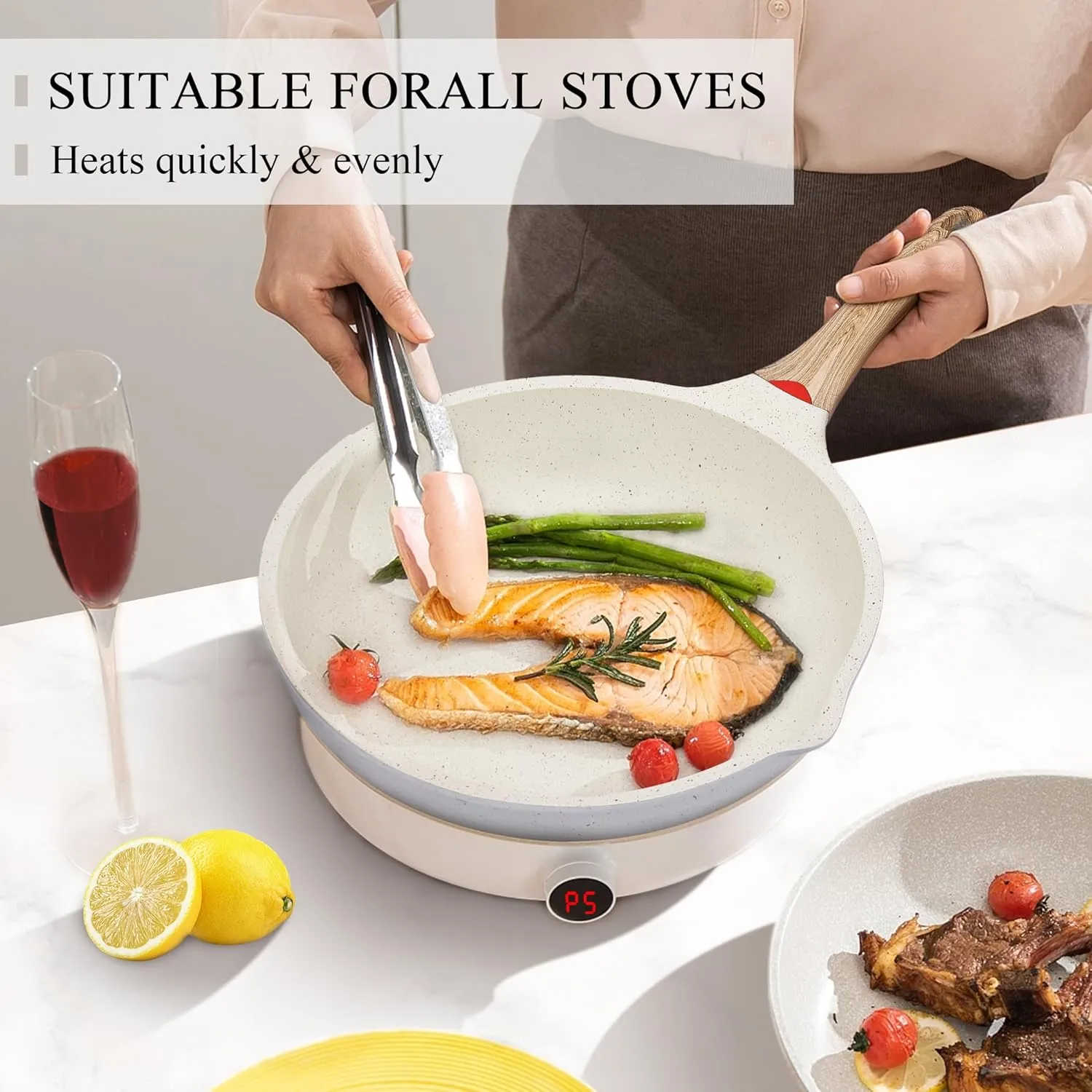 Vinchef Nonstick Deep Frying Pan, Saute Pan with Lid, 11"/5Qt, German 3C  Ceramic Coating, Induction Compatible, White Color, Cookware for Kitchen