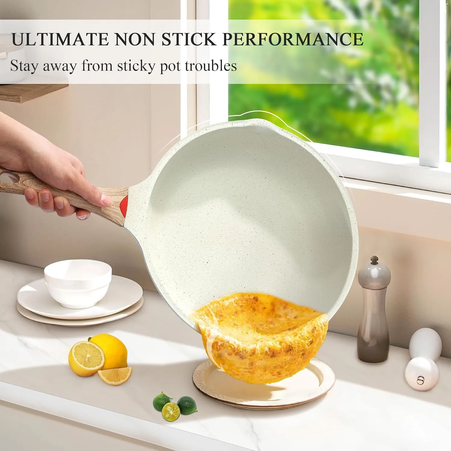 Vinchef Nonstick Deep Frying Pan, Saute Pan with Lid, 11"/5Qt, German 3C  Ceramic Coating, Induction Compatible, White Color, Cookware for Kitchen