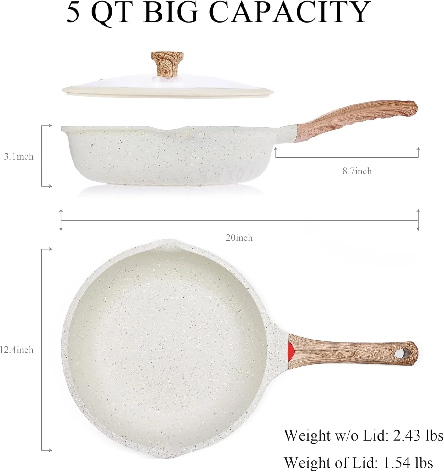 Vinchef Nonstick Deep Frying Pan, Saute Pan with Lid, 11"/5Qt, German 3C  Ceramic Coating, Induction Compatible, White Color, Cookware for Kitchen