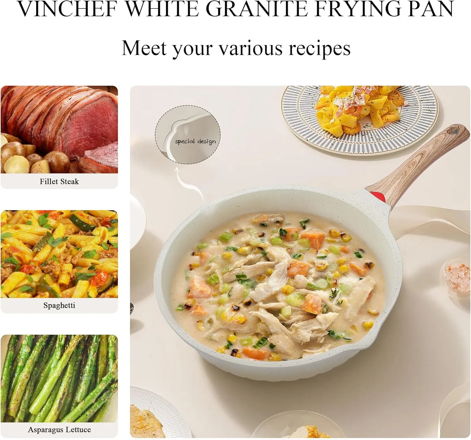 Vinchef Nonstick Deep Frying Pan, Saute Pan with Lid, 11"/5Qt, German 3C  Ceramic Coating, Induction Compatible, White Color, Cookware for Kitchen