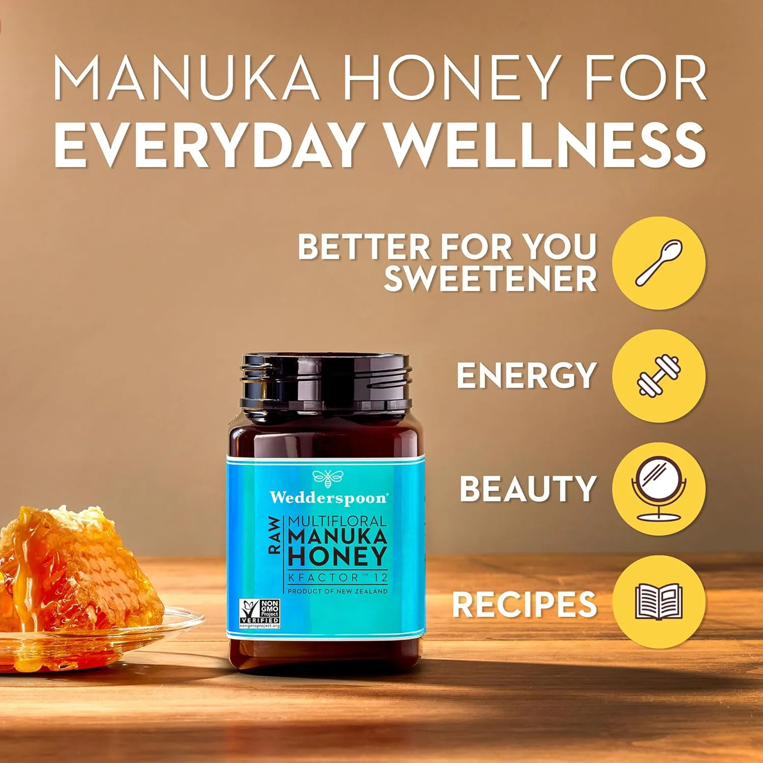 Wedderspoon Raw Premium Manuka Honey, KFactor 12, 8.0 Oz, Unpasteurized, Genuine New Zealand Honey, Non-GMO Superfood, Traceable from Our Hives to Your Home