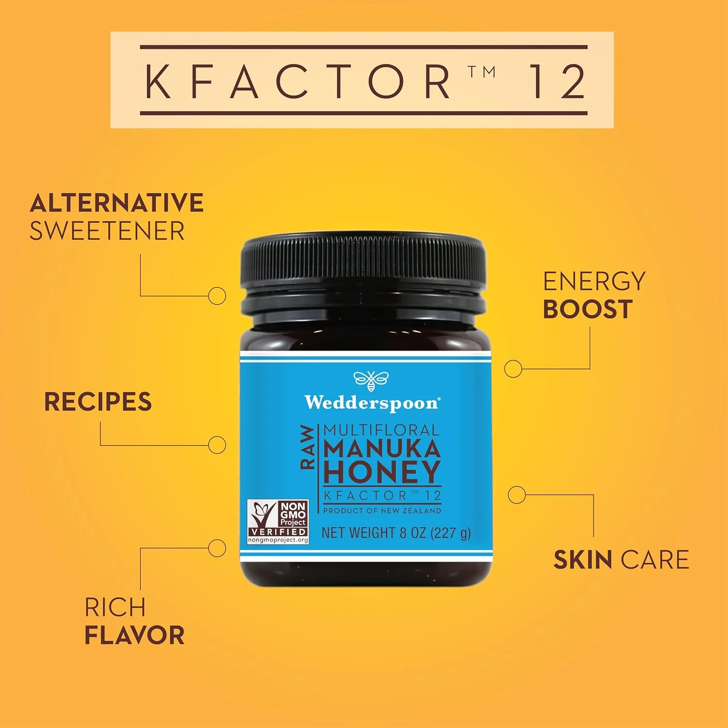 Wedderspoon Raw Premium Manuka Honey, KFactor 12, 8.0 Oz, Unpasteurized, Genuine New Zealand Honey, Non-GMO Superfood, Traceable from Our Hives to Your Home
