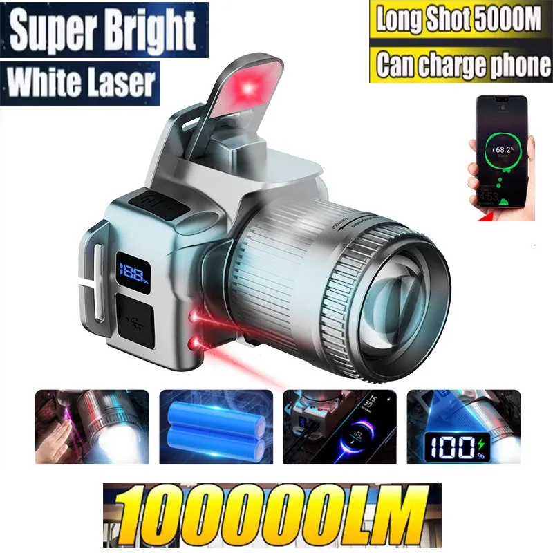 White Laser 100000 lumens Sensor Zoom Headlamp Digital Display Phone Rechargeable Headlamps