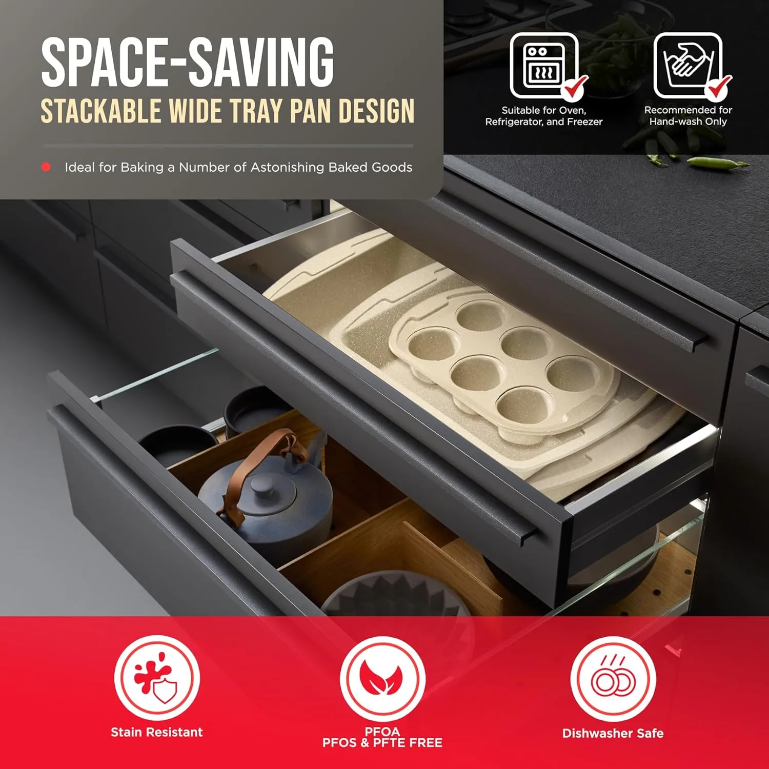 White Marble 10-Piece Bakeware Sets, Nonstick Carbon Steel Baking Sheet & Pans, Stackable Space-Saving Bakeware, Dishwasher Safe, Stain-resistant, PFOAPFOSPTFE Free, Oven Safe Up To 450°F (230°C)