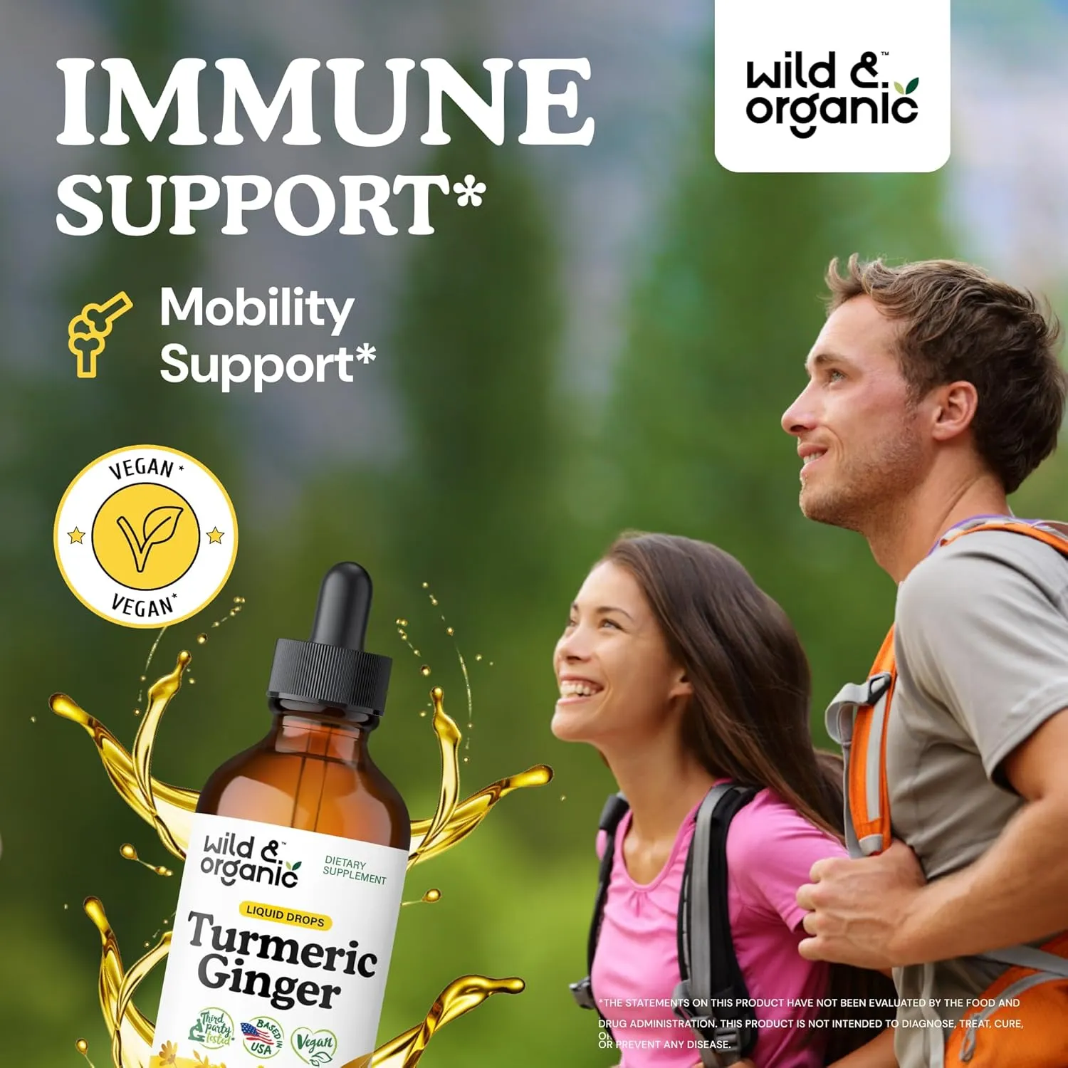 Wild & Organic Turmeric and Ginger Supplement Drops - Joint & Immune Support - Liquid Turmeric Curcumin with Black Pepper and Ginger - Curcumin Supplement - Vegan, Sugar & Alcohol-Free Tincture - 4 oz