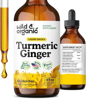 Wild & Organic Turmeric and Ginger Supplement Drops - Joint & Immune Support - Liquid Turmeric Curcumin with Black Pepper and Ginger - Curcumin Supplement - Vegan, Sugar & Alcohol-Free Tincture - 4 oz