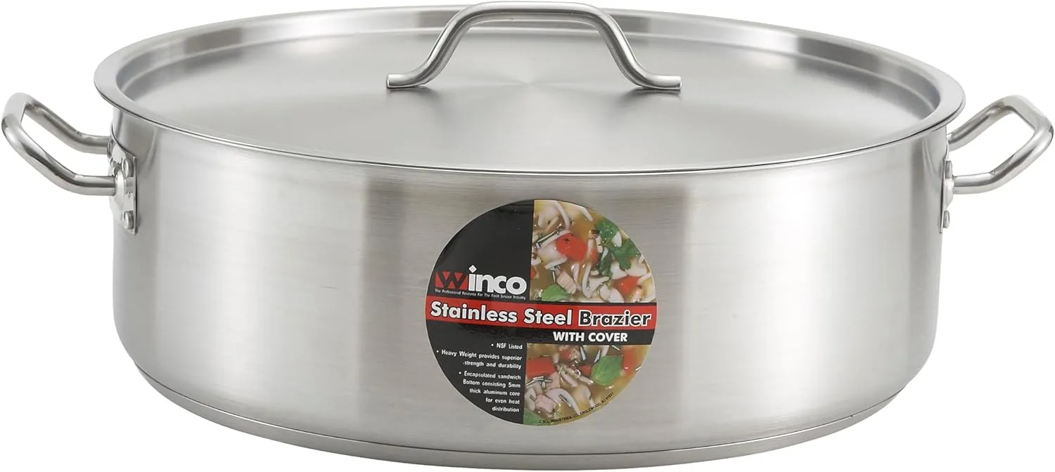 Winco Commercial-Grade Stainless Steel Brazier with Lid, 20 Quart