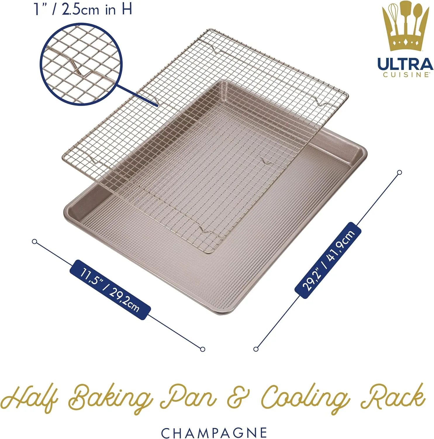 Wire Rack Baking Sheet Pan Set by Ultra Cuisine - Half Sheet Pan Set with 100% Stainless Wire Rack - Dishwasher Safe - Steel Reinforced Rim - Aluminum Cooling racks for Cooking and Baking - Champagne