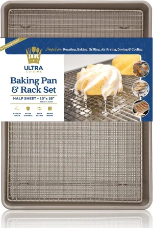 Wire Rack Baking Sheet Pan Set by Ultra Cuisine - Half Sheet Pan Set with 100% Stainless Wire Rack - Dishwasher Safe - Steel Reinforced Rim - Aluminum Cooling racks for Cooking and Baking - Champagne