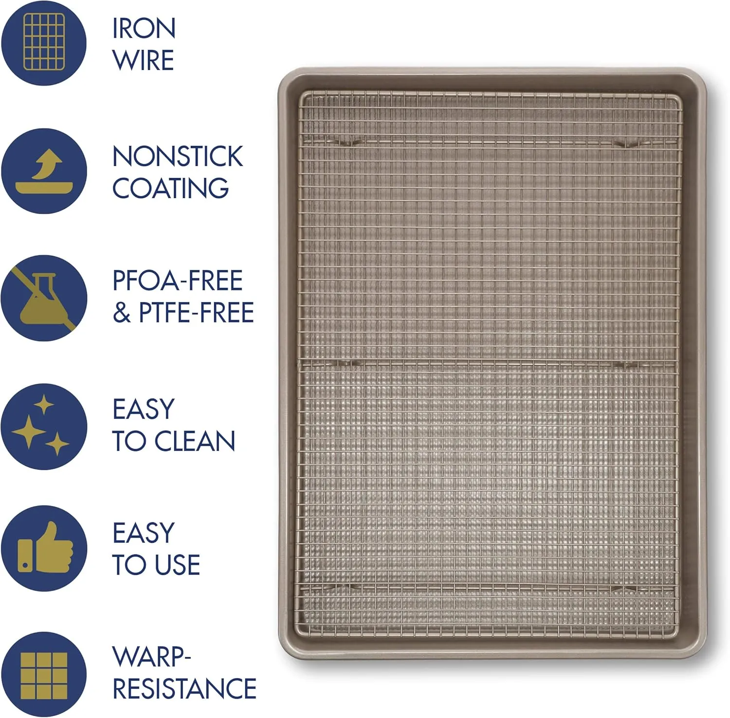 Wire Rack Baking Sheet Pan Set by Ultra Cuisine - Half Sheet Pan Set with 100% Stainless Wire Rack - Dishwasher Safe - Steel Reinforced Rim - Aluminum Cooling racks for Cooking and Baking - Champagne