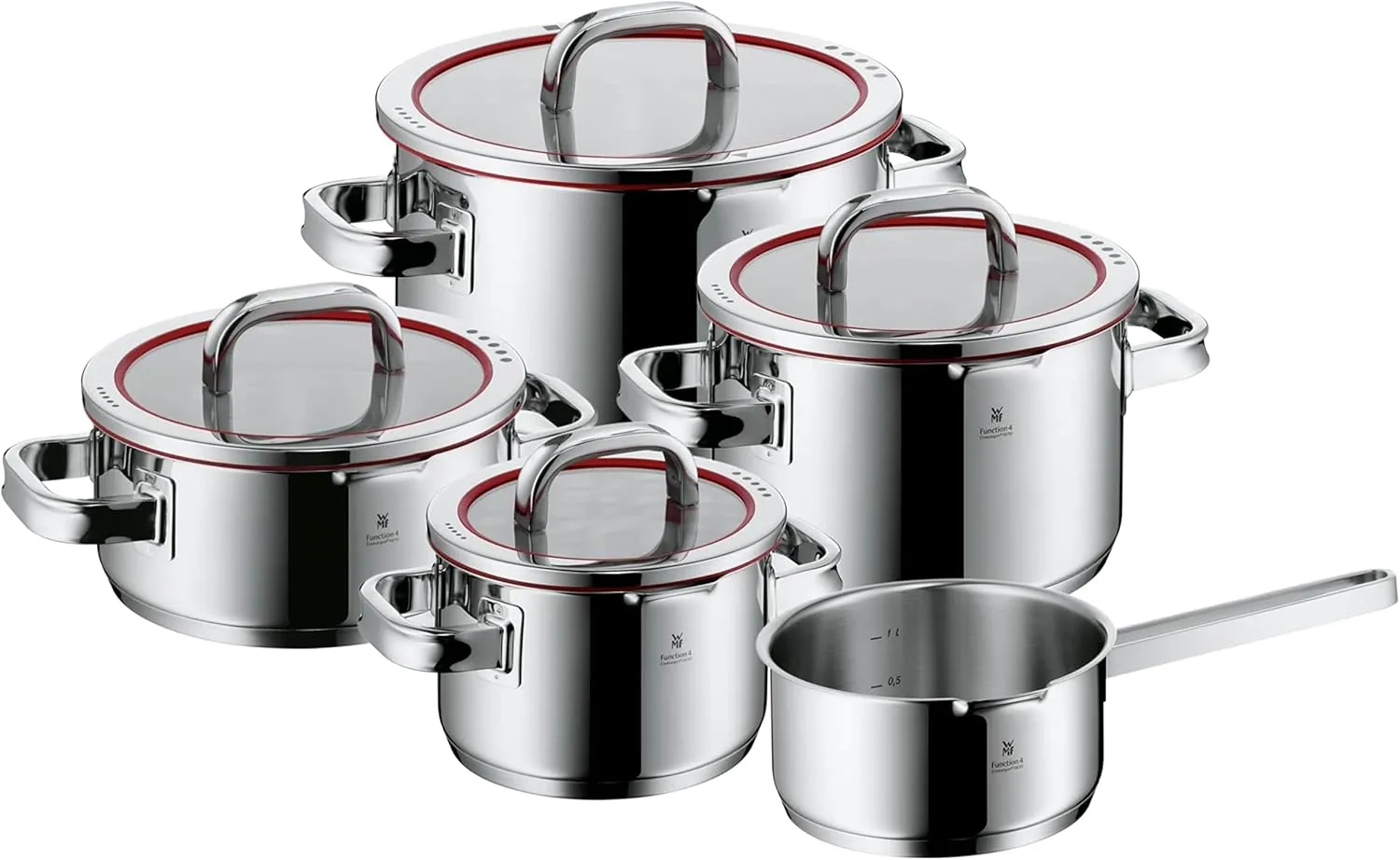 WMF Function 4 5-Piece Induction Saucepan Set, Glass Lid with 4 Pouring Functions, Polished Cromargan Stainless Steel, Induction Pots Set, Inner Scale