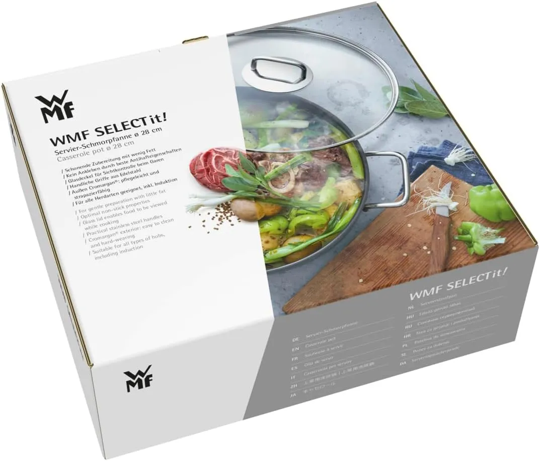 WMF Induction Sauté Pan 28 cm with Lid 5.0 L Cromargan Stainless Steel Coated Oven Safe High Rim