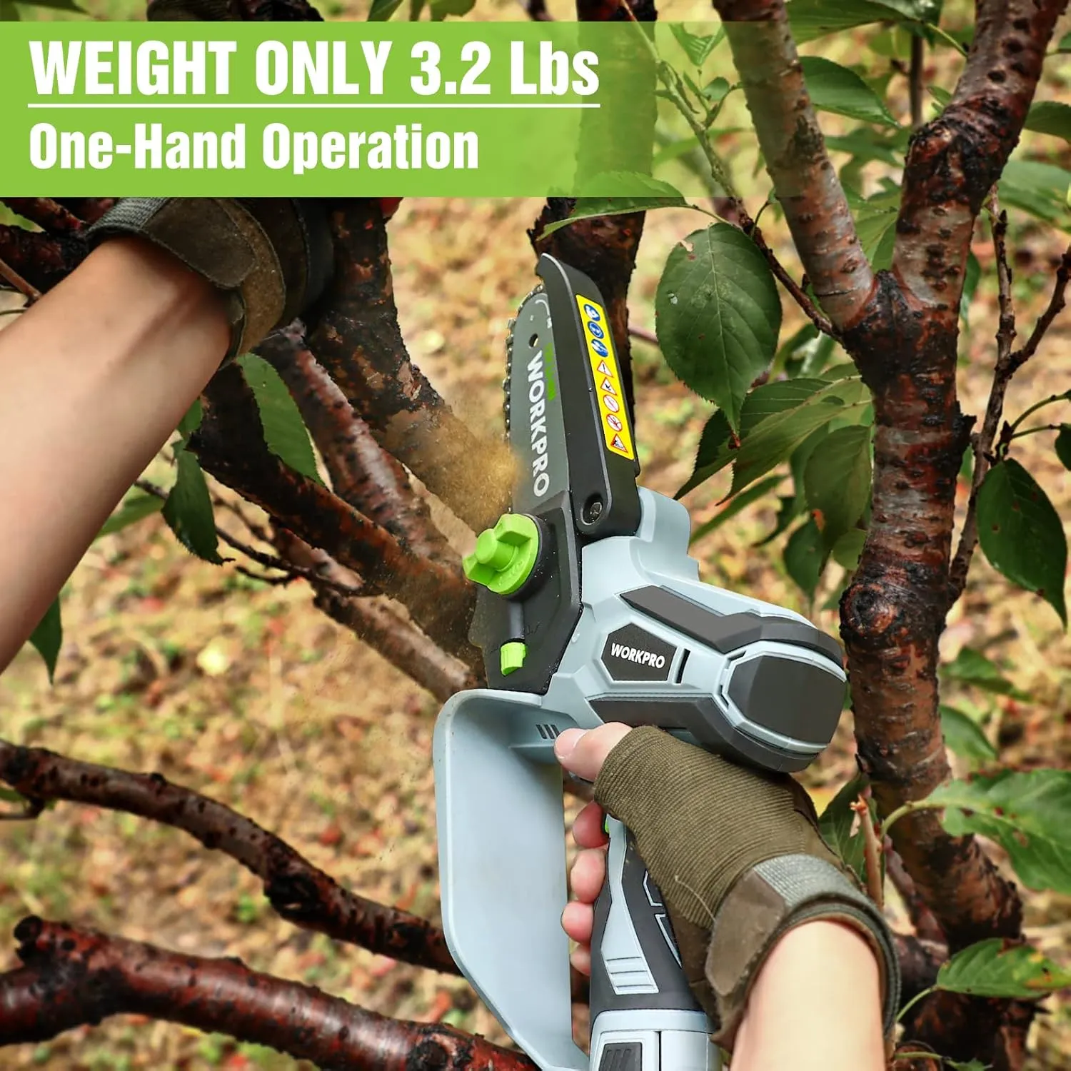 WORKPRO Mini Chainsaw, 6.3" Cordless Electric Compact Chain Saw with 2 Batteries, One-Hand Operated Portable Wood Saw with Replacement Guide Bar and Chain for Garden Tree Branch Pruning, Wood Cutting