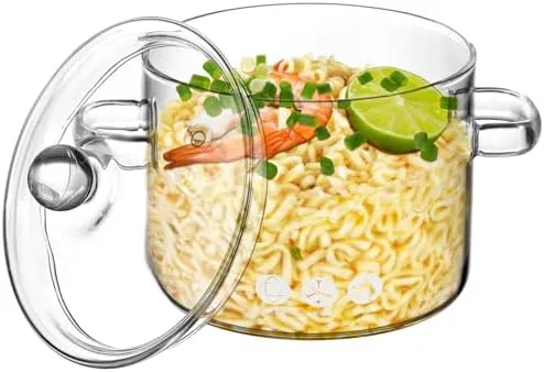 Yardwe Glass Cooking Pot- 1.35L Heat- Resistant Borosilicate Glass Two- eared Instant Noodle frying pans for Pasta Noodle, Soup, Tea Transparent