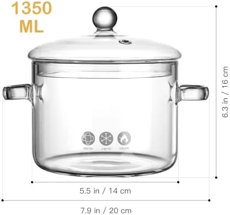Yardwe Glass Cooking Pot- 1.35L Heat- Resistant Borosilicate Glass Two- eared Instant Noodle frying pans for Pasta Noodle, Soup, Tea Transparent