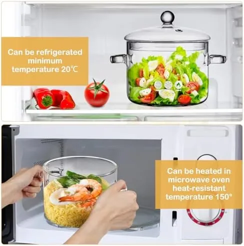 Yardwe Glass Cooking Pot- 1.35L Heat- Resistant Borosilicate Glass Two- eared Instant Noodle frying pans for Pasta Noodle, Soup, Tea Transparent