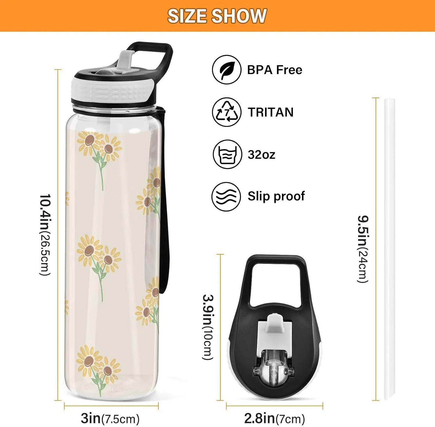 Yellow Sunflowers 32 Oz Water Bottle Straws BPA-Free Water Jugs for Drinking for Sports, Cycling, Bike