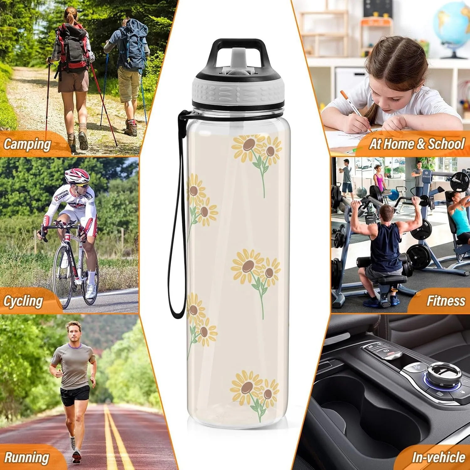 Yellow Sunflowers 32 Oz Water Bottle Straws BPA-Free Water Jugs for Drinking for Sports, Cycling, Bike