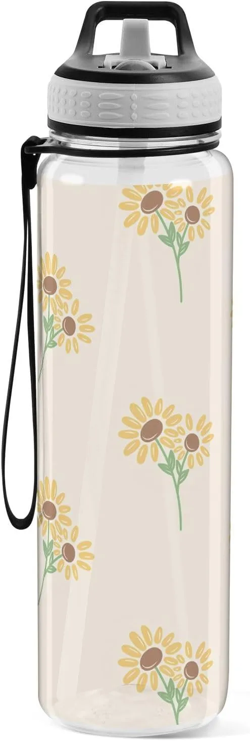 Yellow Sunflowers 32 Oz Water Bottle Straws BPA-Free Water Jugs for Drinking for Sports, Cycling, Bike
