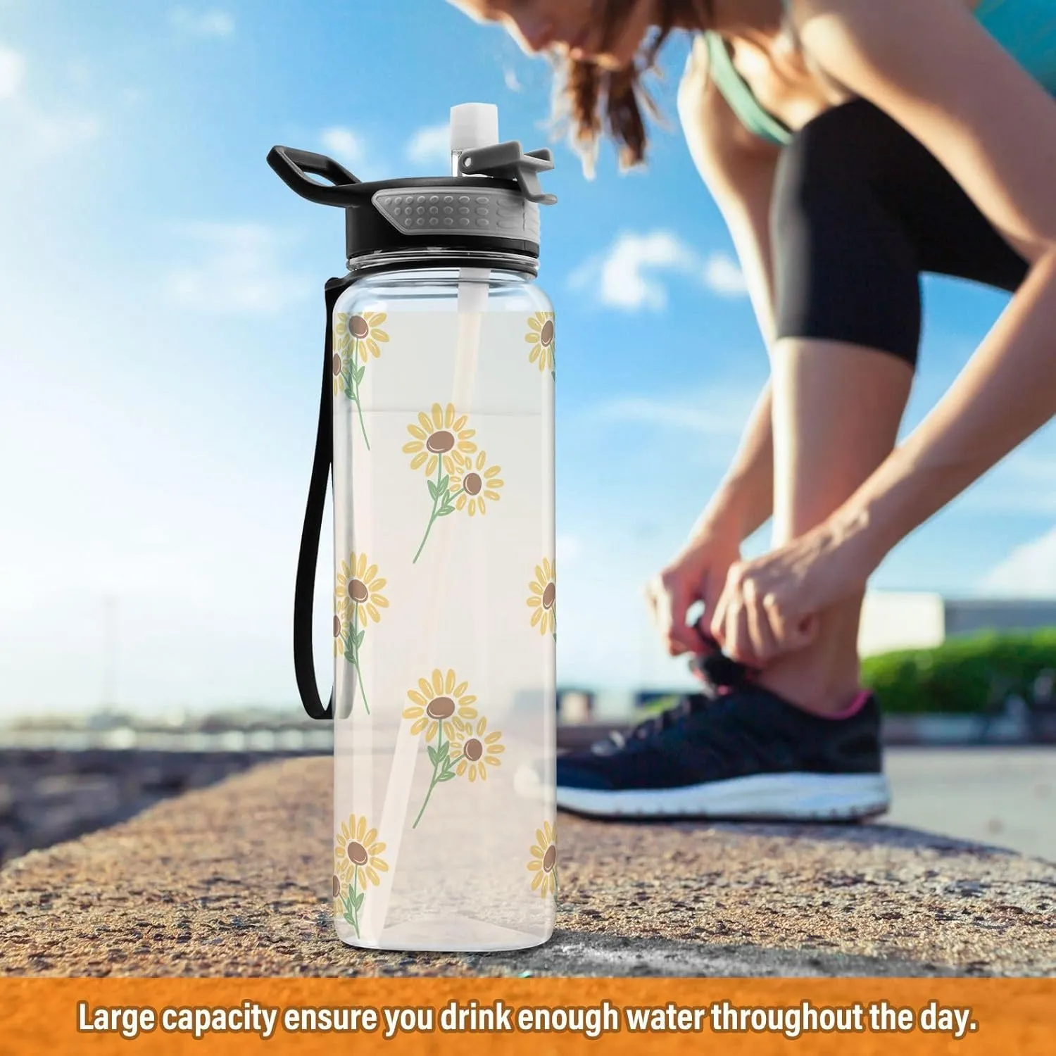 Yellow Sunflowers 32 Oz Water Bottle Straws BPA-Free Water Jugs for Drinking for Sports, Cycling, Bike