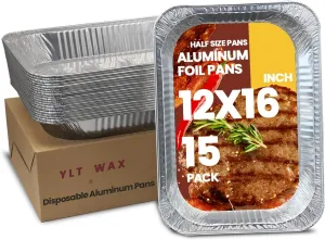 YLT WAX 12x16 Aluminum Foil Pans, 15 Pack Disposable Full Size Large Baking Pan for Roasting, Restaurants, Cooking, Heating, Buffets