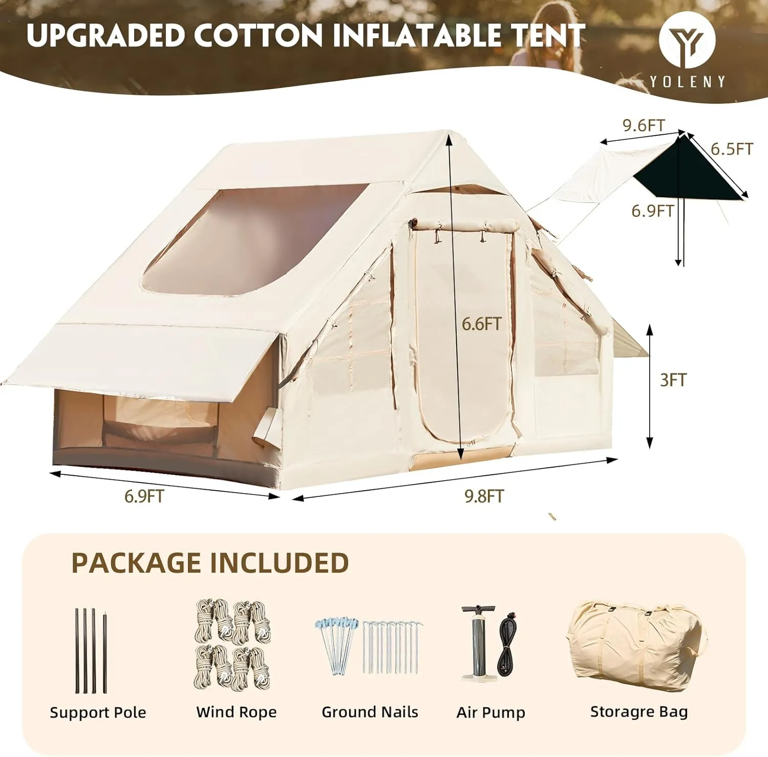 YOLENY Inflatable Tents for Camping, 4/6/8/10/12 Person Tent with TPU Skylight, Mesh Windows, Stove Jack & Pump, Easy Setup 4 Season Glamping Tent, Waterproof & Windproof