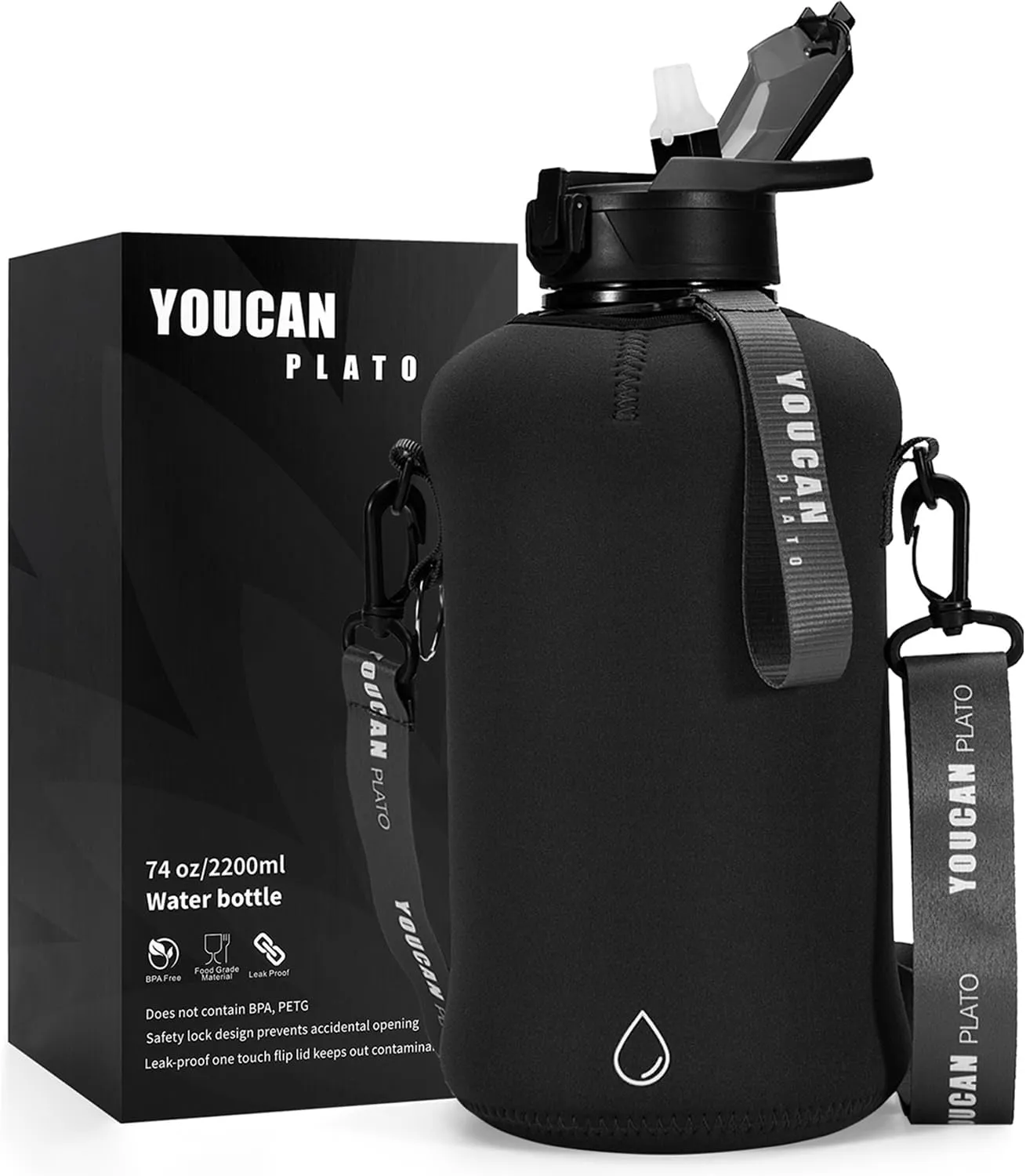 YOUCAN PLATO 74 oz Half Gallon Water Bottle with Sleeve-Large Water Bottle -Big Gym Water Bottle for Man or Women with Straw- Gallon Water Jug with Handle -BPA Free- Leakproof, Workout bottle,Black