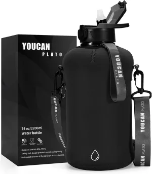 YOUCAN PLATO 74 oz Half Gallon Water Bottle with Sleeve-Large Water Bottle -Big Gym Water Bottle for Man or Women with Straw- Gallon Water Jug with Handle -BPA Free- Leakproof, Workout bottle,Black