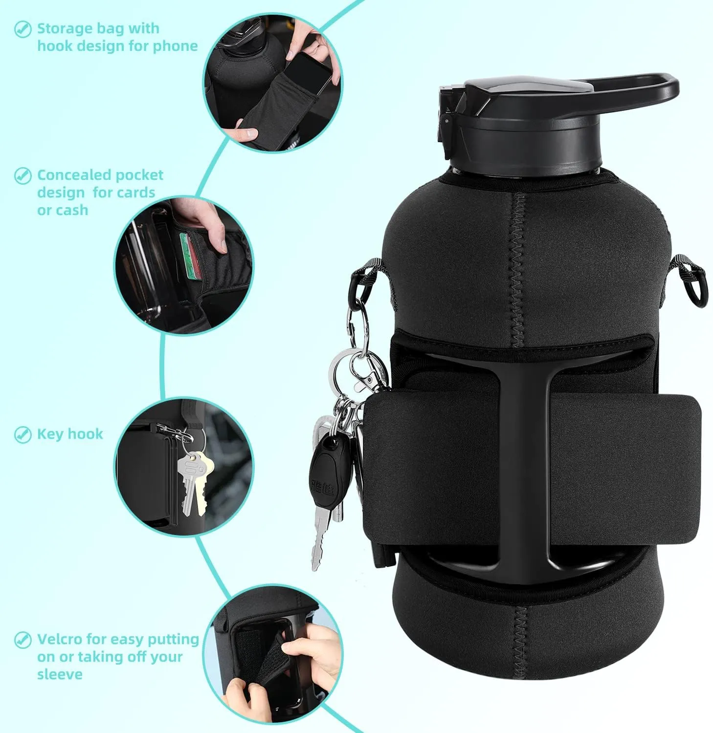YOUCAN PLATO 74 oz Half Gallon Water Bottle with Sleeve-Large Water Bottle -Big Gym Water Bottle for Man or Women with Straw- Gallon Water Jug with Handle -BPA Free- Leakproof, Workout bottle,Black