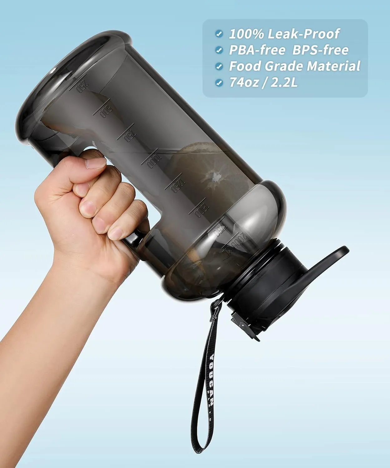 YOUCAN PLATO 74 oz Half Gallon Water Bottle with Sleeve-Large Water Bottle -Big Gym Water Bottle for Man or Women with Straw- Gallon Water Jug with Handle -BPA Free- Leakproof, Workout bottle,Black