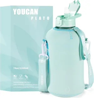 YOUCAN PLATO 74 oz Half Gallon Water Bottle with Sleeve-Large Water Bottle -Big Gym Water Bottle with Straw- Gallon Water Jug with Handle and Bottle Brush-BPA Free-2.2 Liter workout bottle,Blue