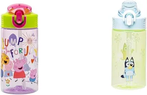 Zak Designs Peppa Pig and Bluey Kids 16oz Water Bottles With Straw, Handle, Leak-Proof Lid, and Spout Cover