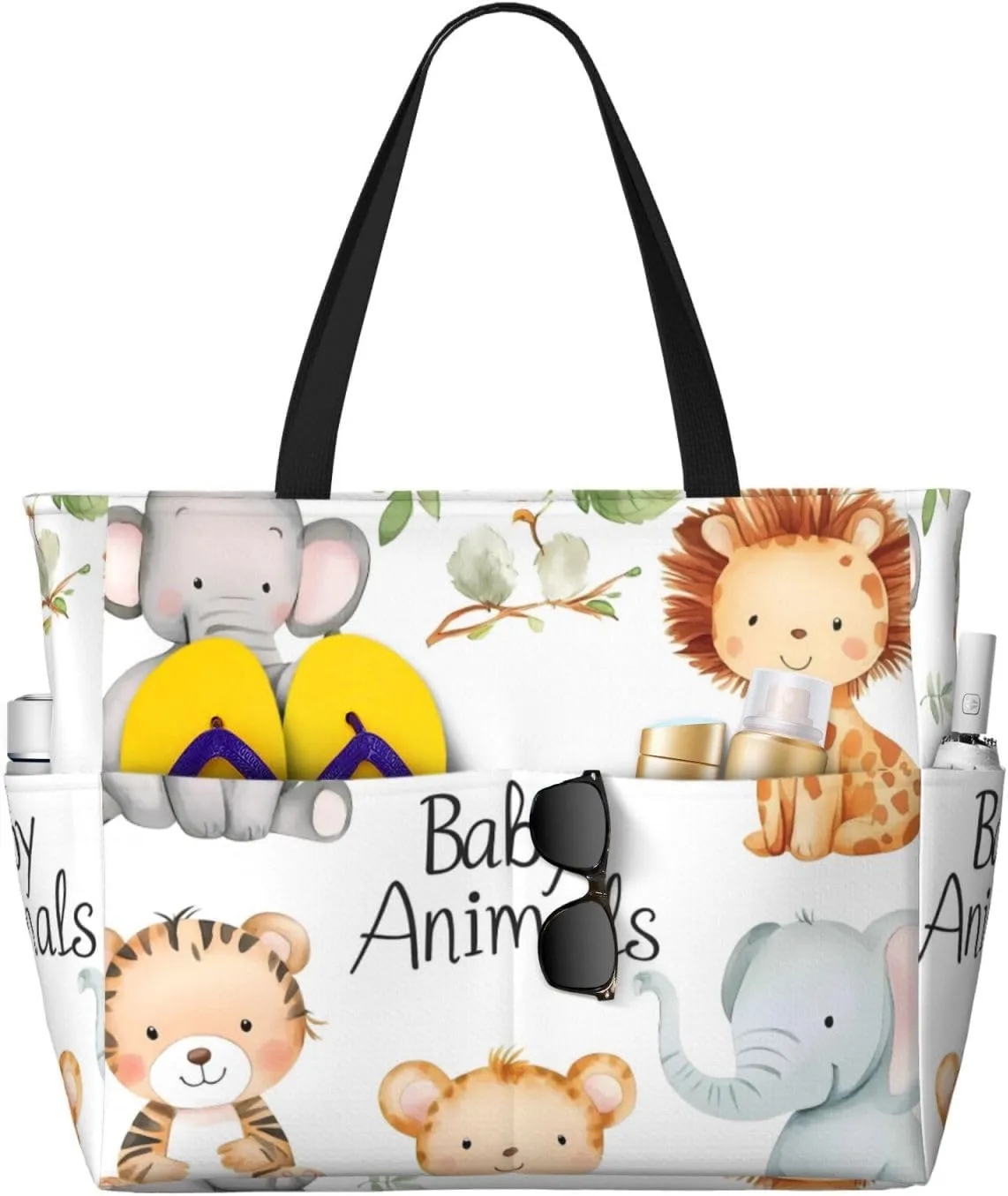 Zoo Animal Beach Bag Cute Elephant Pool Bag for Women Waterproof Large Travel Tote with Zipper Organizer for Swimming Vacation Essentials