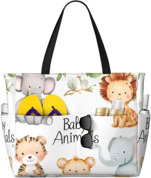 Zoo Animal Beach Bag Cute Elephant Pool Bag for Women Waterproof Large Travel Tote with Zipper Organizer for Swimming Vacation Essentials