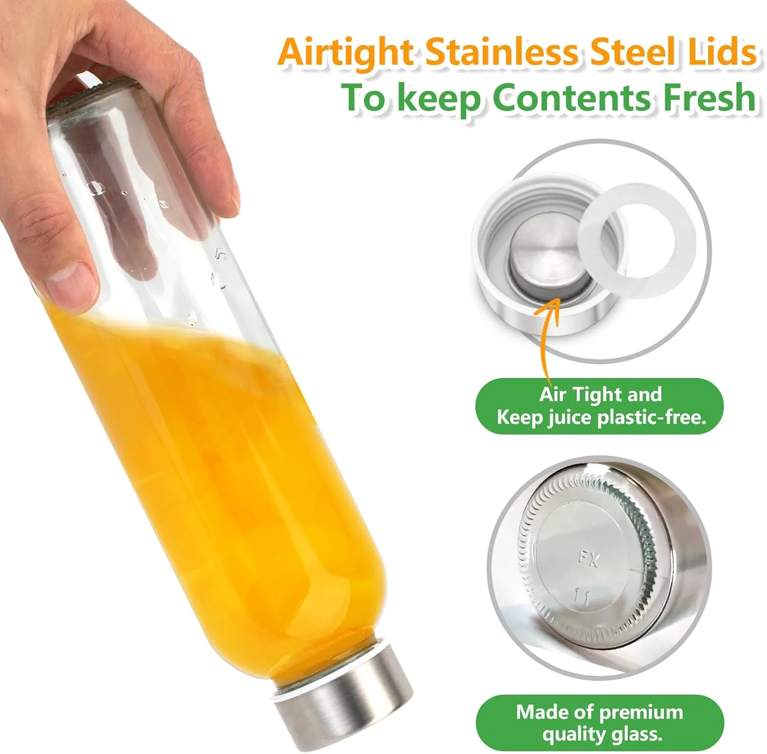 Zukro Glass Water Bottles with Lids 18 oz, Reusable Clear Juice Bottles With Stainless Steel Airtight Cap for Juicing, 100% Leak Proof Juice Drinking Jar for Refrigerator, BPA Free, Set of 12
