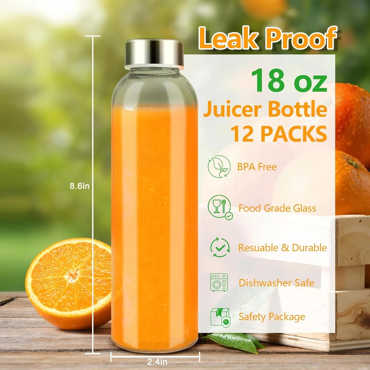 Zukro Glass Water Bottles with Lids 18 oz, Reusable Clear Juice Bottles With Stainless Steel Airtight Cap for Juicing, 100% Leak Proof Juice Drinking Jar for Refrigerator, BPA Free, Set of 12