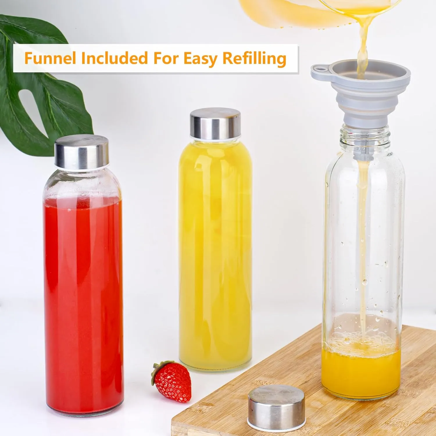 Zukro Glass Water Bottles with Lids 18 oz, Reusable Clear Juice Bottles With Stainless Steel Airtight Cap for Juicing, 100% Leak Proof Juice Drinking Jar for Refrigerator, BPA Free, Set of 12