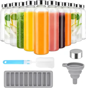 Zukro Glass Water Bottles with Lids 18 oz, Reusable Clear Juice Bottles With Stainless Steel Airtight Cap for Juicing, 100% Leak Proof Juice Drinking Jar for Refrigerator, BPA Free, Set of 12