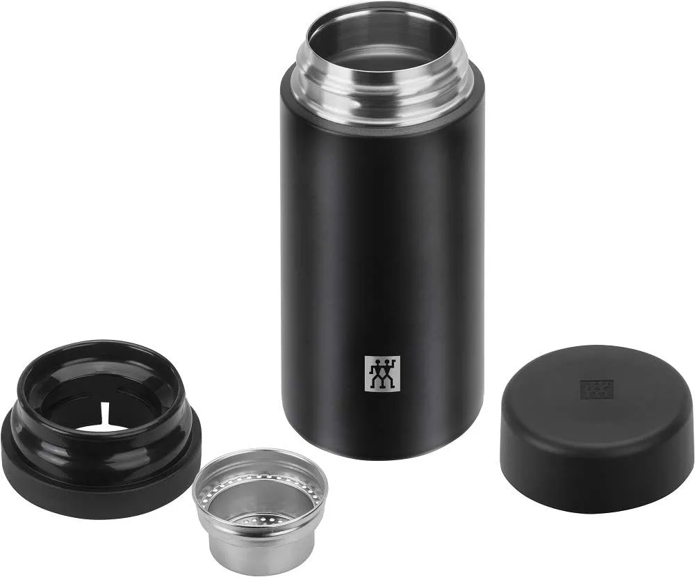Zwilling Thermo Thermos Flask, Integrated Filter Insert, Vacuum Flask for Tea & Infused Water, Double Wall Insulation, 420 ml, Height: 17,2 cm, Black